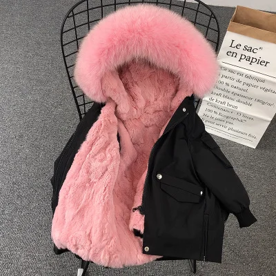Black Pink Детское пальто с мехом; зимняя одежда для мальчиков и девочек; детские куртки с натуральным кроличьим мехом; Верхняя одежда для девочек; плотная теплая парка; детская ветровка; TZ336 - Цвет: Black Pink