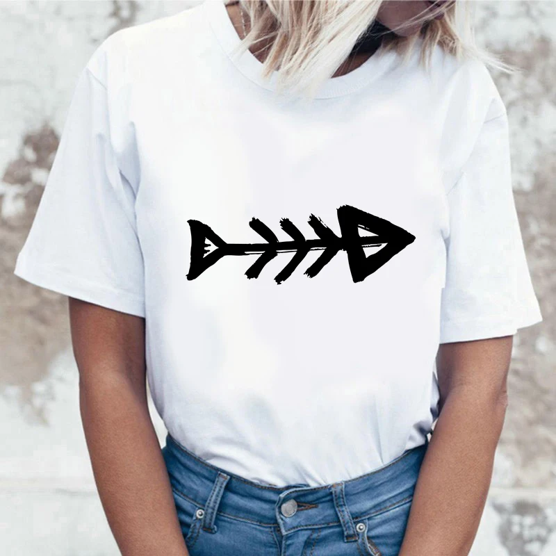 

Fishbone Print t shirt Women Harajuku Casual Funny t shirt For Lady Girl Short Sleeve Top Tee Female t shirt Woman Clothing