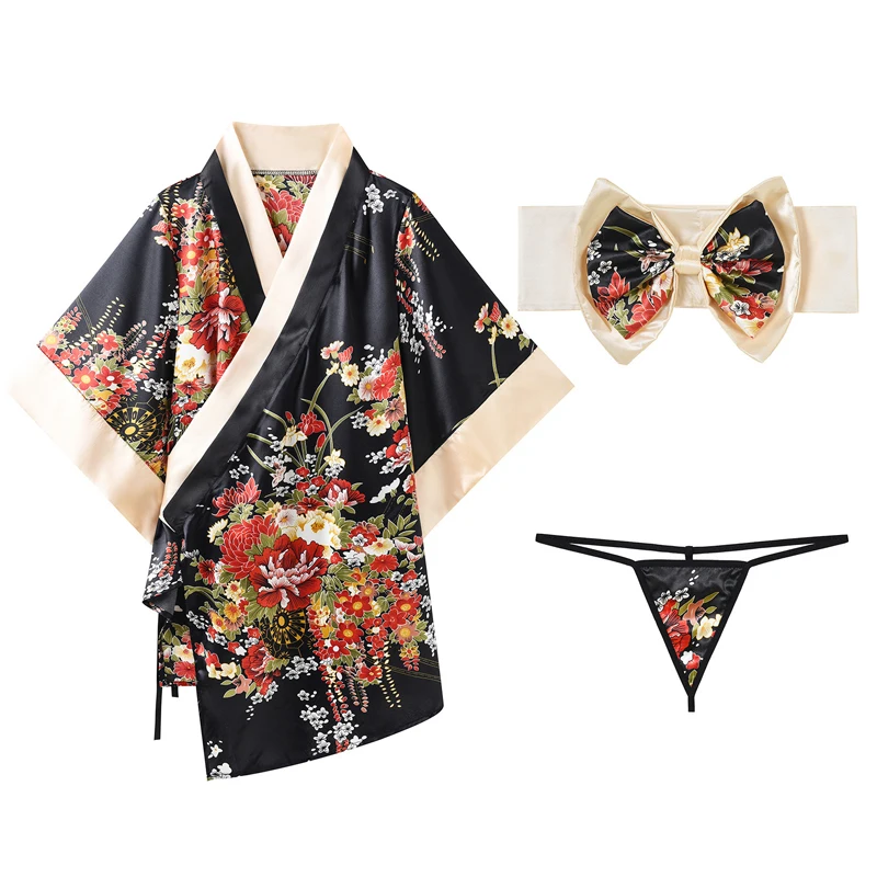 

Bow-tie Decoration Sexy Floral Lace-up Bathrobe Cosplay Kimono Suit Uniform Temptation Babydoll Plus Size Ladies Erotic Lingerie