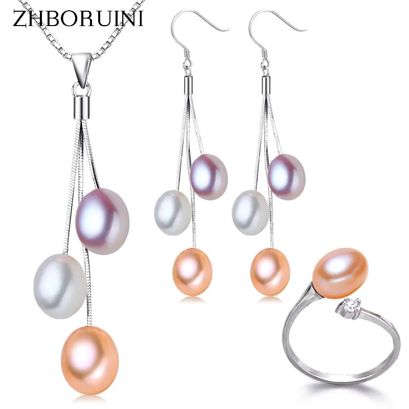 ZHBORUIN 2021 Fashion Pearl Jewelry Set Multicolour Freshwater Pearl Necklace Earrings 925 Sterling Silver Jewelry Set For Women