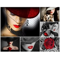 full square round diamond embroidery portrait pretty woman red rose red lips 5d diamond painting mosaic picture of rhinestones