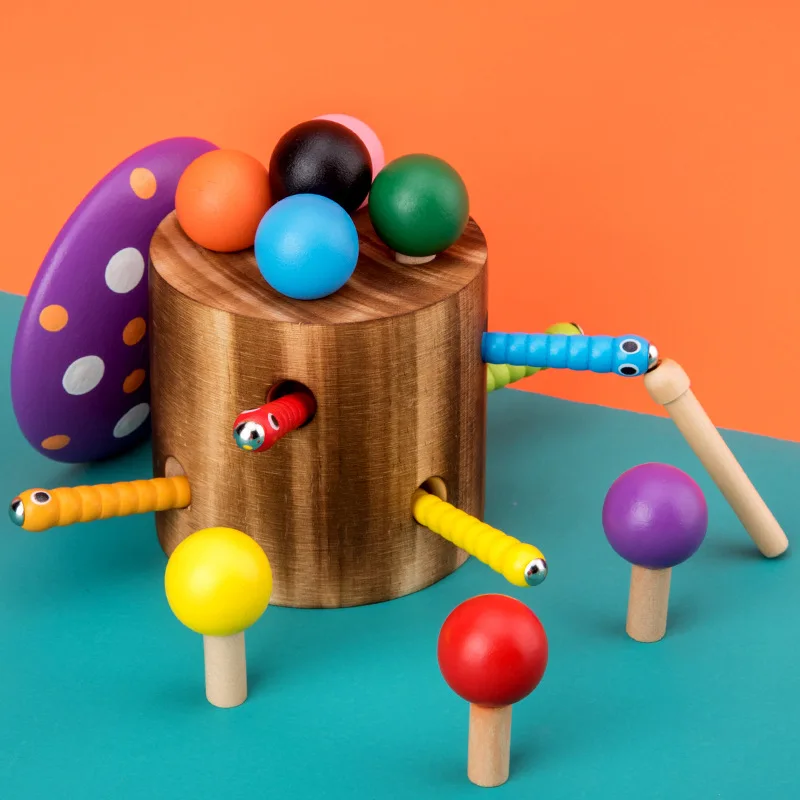

Fishing toy magnetic rotative fish toy bugs for kids Accessories Wooden caterpillar 20 PCS magnet fishing games for 1 year baby
