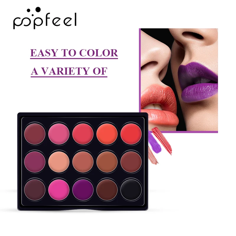 POPFEEL 15 цветов длительная Бархатная палитра блеска для губ матовая губная помада макияж набор кисть для губ антипригарная чашка Губная помада Косметика 50 г