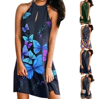 hot sales women dress butterflies print strapless summer sleeveless halter dress for dating