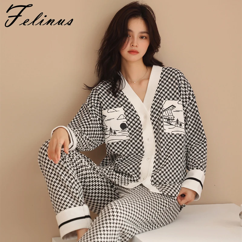 

Женский пижамный комплект Felinus, сексуальное хлопковое ночное белье с глубоким v-образным вырезом, простое ночное белье в японском стиле, брю...