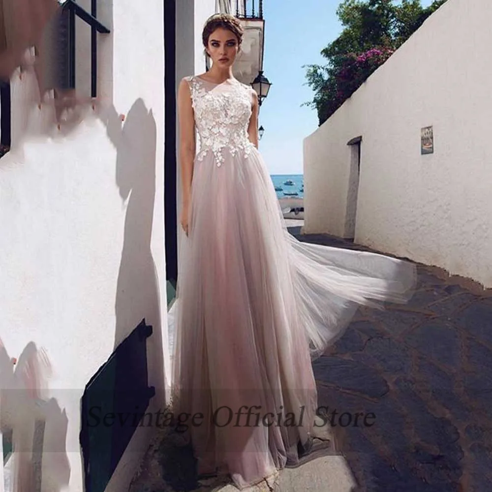 

Sevintage 2020 Beach Wedding Dresses A Line O-Neck Lace Applique Tulle Bridal Gowns Floor Length Wedding Gowns vestidos de novia
