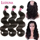 Luduna, 100% натуральные волосы, 360 кружева спереди с пучком, волнистые волосы, 3 пряди с застежкой, перуанские пучки с фронтальной