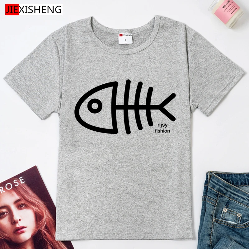 Женская хлопковая Футболка с рисунком рыбок и костей коротким рукавом|short sleeve|sleeve