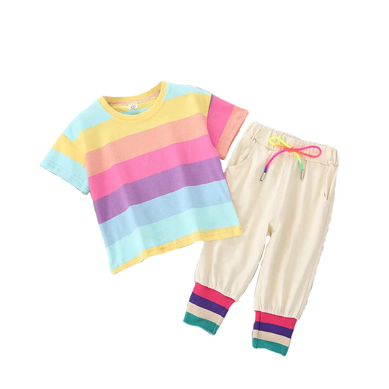 

Children's Clothing Summer Girl Sets Striped Short-sleeved Tops Fashion Cropped Trousers Two-piece Suit Baby Girl Clothes Set