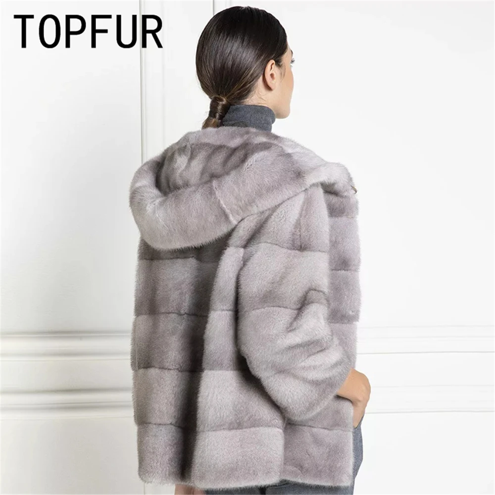 TOPFUR Genuine Leather Jacket With Fur Hooded Winter Coat Women Gray Jacket Women Plus Size Real Fur Women Mink Fur Coat