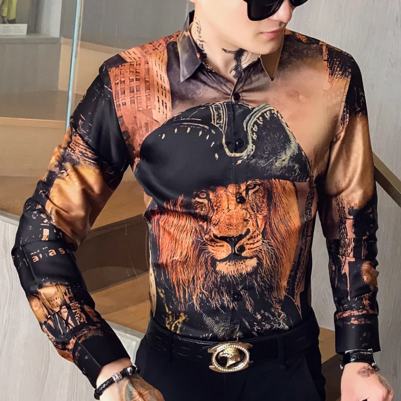 Мужская рубашка с головой льва, DJ Singer Camisa Homem Prom Camisa Masculina, Роскошная золотая рубашка с принтом животных, мужская рубашка с длинными рукавами, вечерние Клубные