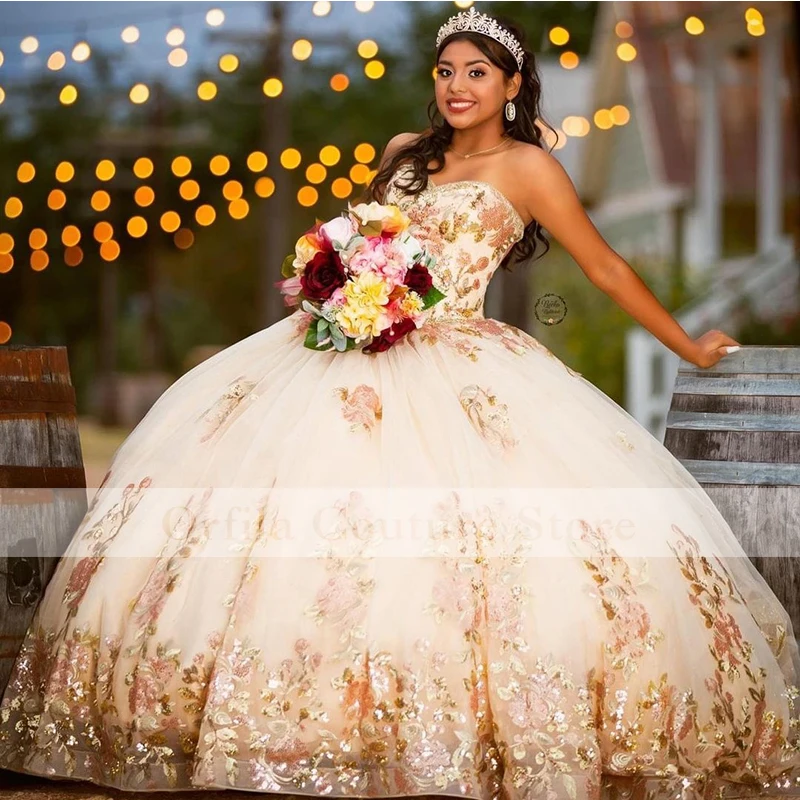 

Champagne Sequins Lace Puffy Ball Gown Quinceanera Dresses Flowers Sweet 16 Dress Pageant Gowns vestido de 15 anos XV