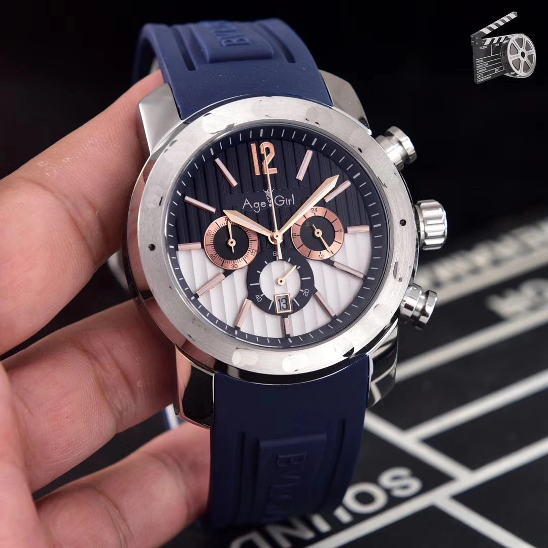 

Classic New Men Silver Black Blue Daydate Date Stainless Steel Japanese Quartz Chronograph Sapphire Glass Sport Watch AAA+