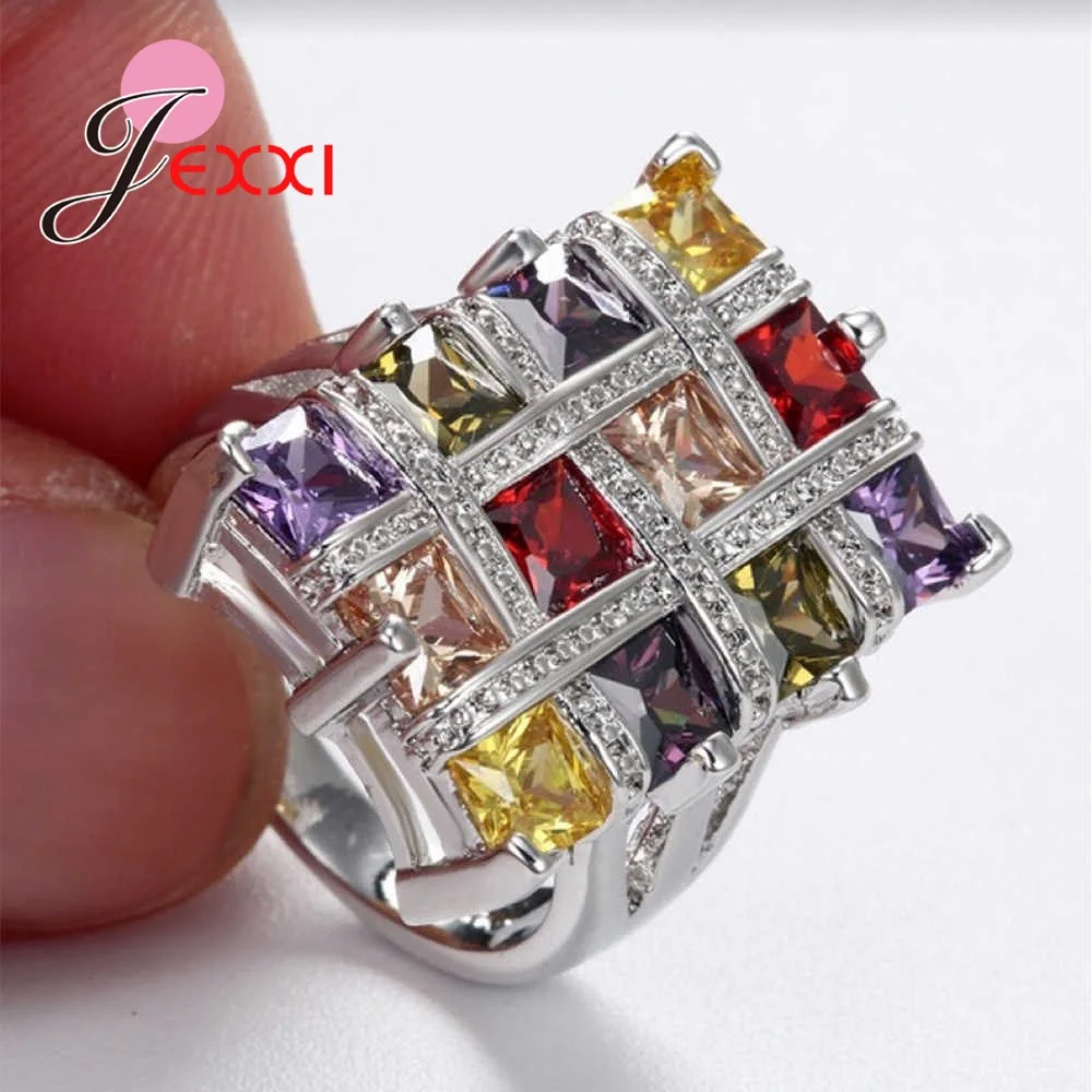 Colorful Hyperbole Trendy 925 Sterling Silver Square Cubic Zircon Rings For Women Girls Jewelry Fashion Engagement Gift | Украшения и