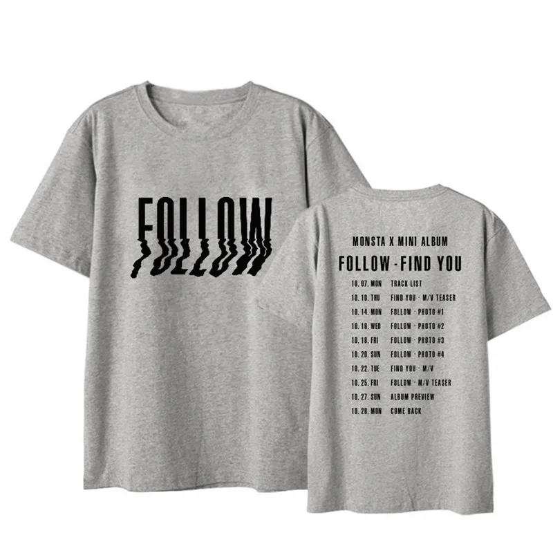 Kpop MONSTA X MINI ALBUM FOLLOW Shirts Уличная Повседневная Свободная футболка топы с короткими
