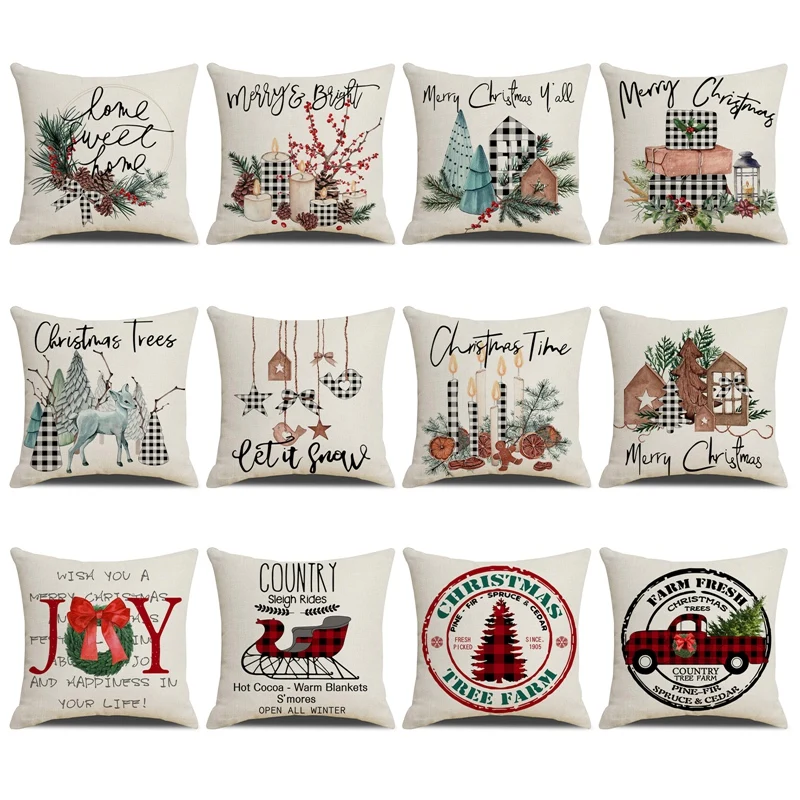 

2021 Merry Christmas Pillowcases Red and Black Plaid Christmas Decorative Throw Pillowcase Sofa Cushion Cover 45x45cm Square