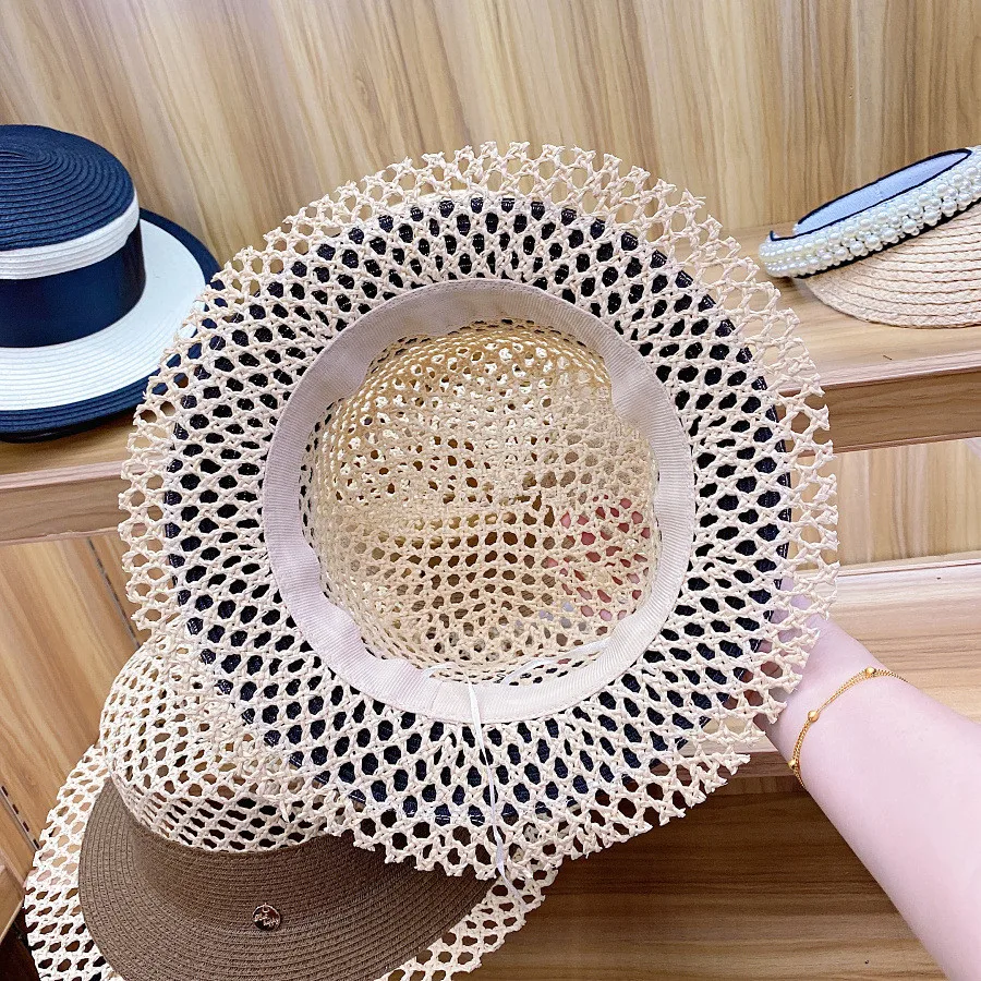 

202007-axi-20street hollow out handmade raffia grass ribbon lady fedoras cap men women leisure holiday beach jazz hat