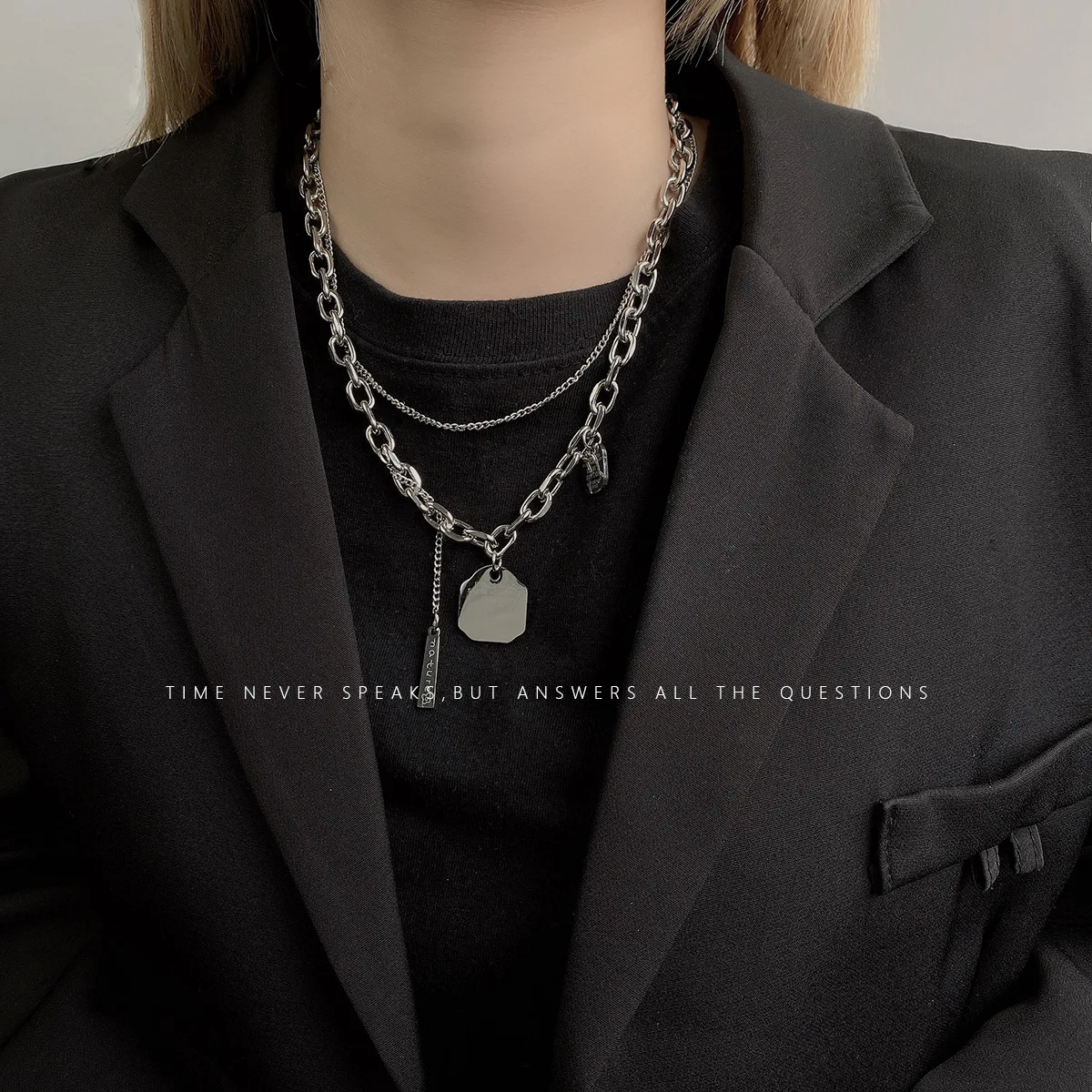 

Personalised Titanium Steel Tide Necklace Male and Female Hip Hop Letter Pendant Fashion Short Double Layered Stacked Necklace