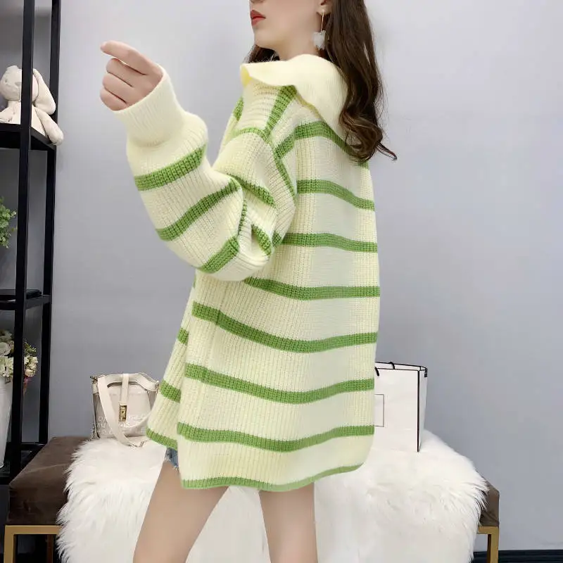 2019 autumn and winter wear loose striped sweater cardigan female ins very immortal foreign gas wild woolen coat jacket tide |
