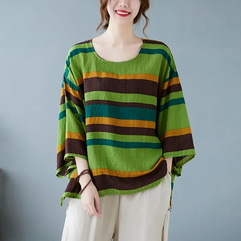 

Women Summer Loose Casual T-shirts New Arrival 2021 Simple Style Vintage Striped Female Cotton Linen Tops Tees B489