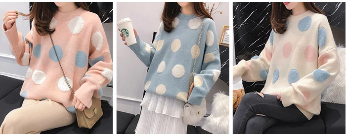 Женский милый sweater в горошек TIGENA, теплый вязаный свободный пуловер с длинным рукавом, джемпер для женщин на зиму