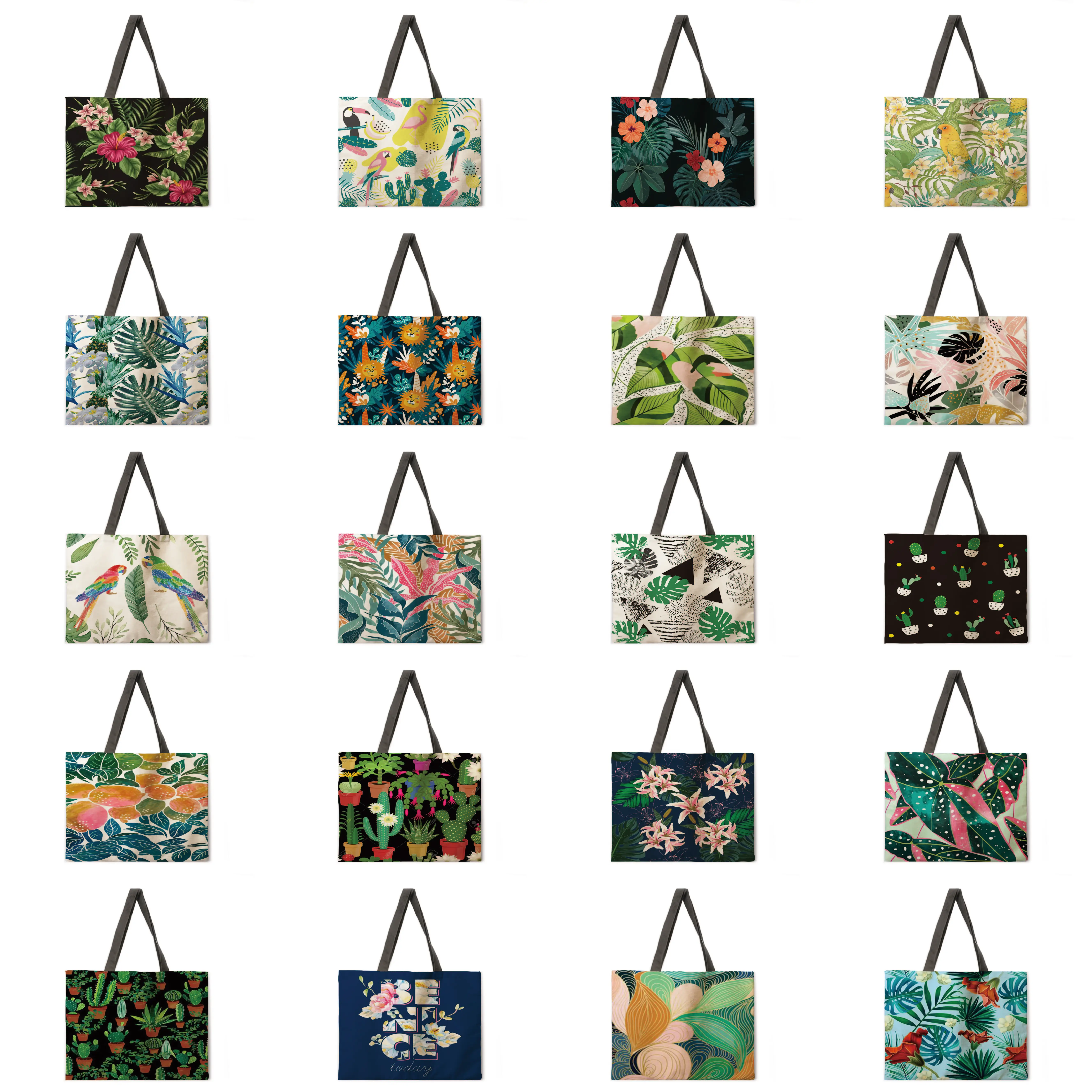 Складная женская сумка для покупок саквояж на плечо с зелеными растениями