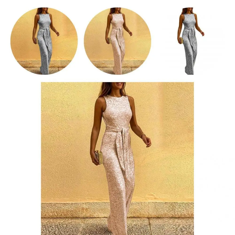 

Solid Reliable Slim O Neck Glitter Sleeveless Jumpsuit Polyester Women Jumpsuit Attractive for Home