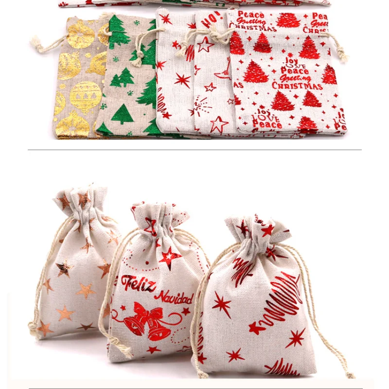 

50pcs Christmas Drawstring Gift Bag Bronzing Printed Cotton Linen Bag DIY Wedding Birthday Home Party Decor Xmas Baking Supply