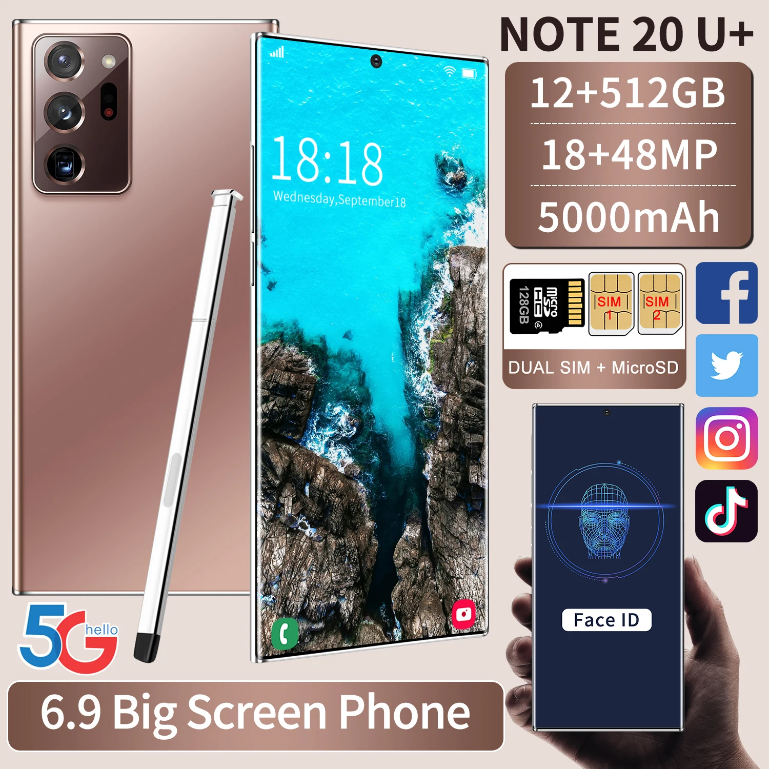 

Global Version Galxy Note20U+ Smartphone 12GB 512GB 6.9Inch 5000mAh Android 10.0 Snapdragon 865 Cellphone 4G5G Note20 Phones new