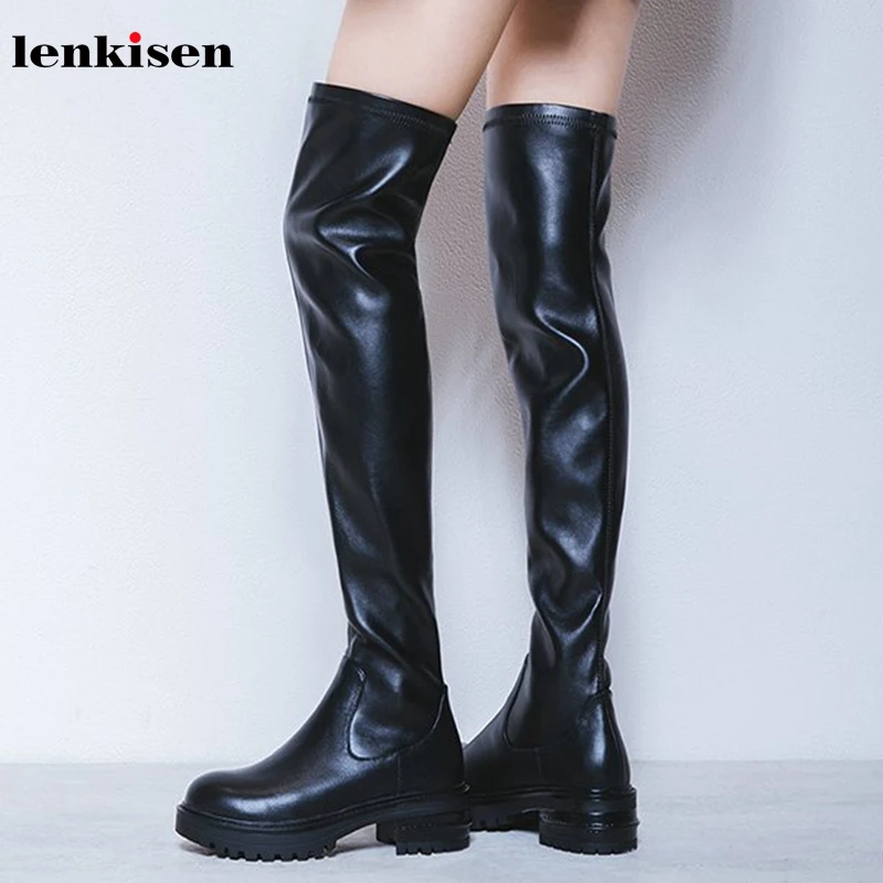 black2 leather Lenkisen/модные эластичные сапоги из натуральной кожи на толстой подошве зимние теплые женские Сапоги выше колена с круглым носком на среднем каблуке L06 - Цвет: black2 leather