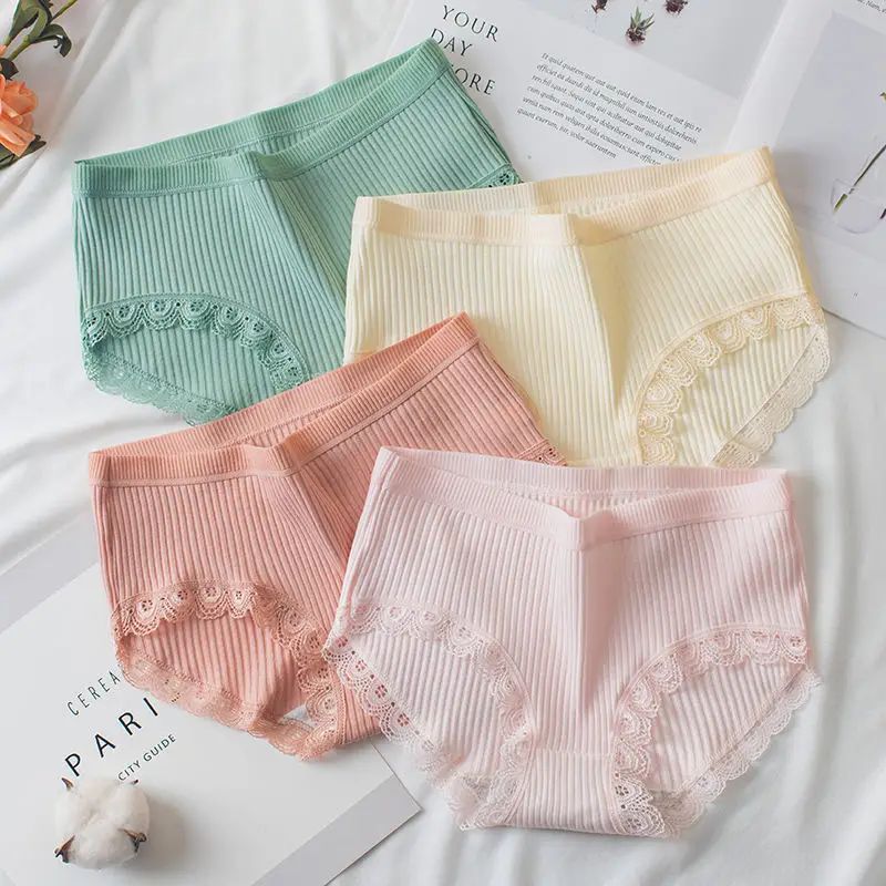 

5 PCS Pure Cotton Women Panties With Lace Edges Sexy Girl Mid Waist Antibacterial Cotton Menstrual Briefs Underwear Underpants