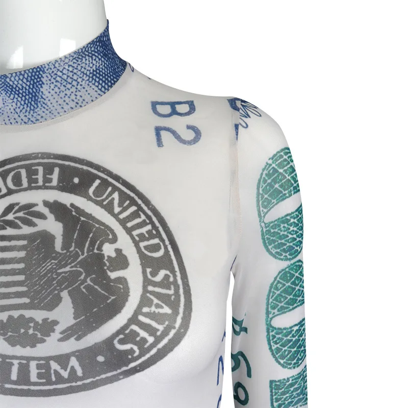 

Dollar Print Long Dress Women High Collar Long Sleeve Bodycon Casual Dress Autumn Dollars Money Printed Maxi Dress