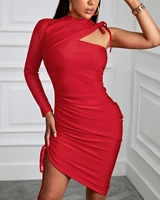 2020 women satin long sleeve party evening midi dress sexy bodycon solid dress one shoulder drawstring ruched dress