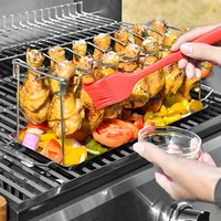 bbq beef chicken leg wing grill rack 14 slots stainless steel barbecue drumsticks holder smoker oven roaster stand with drip pan
