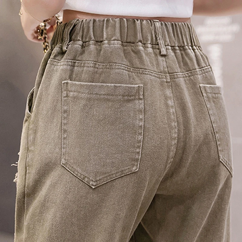 

JMPRS Pure Cotton Women Jeans Fashion Elastic High Waist Ripped Korean Denim Pencil Pants Loose Spring Hole Ankle-Length Jean