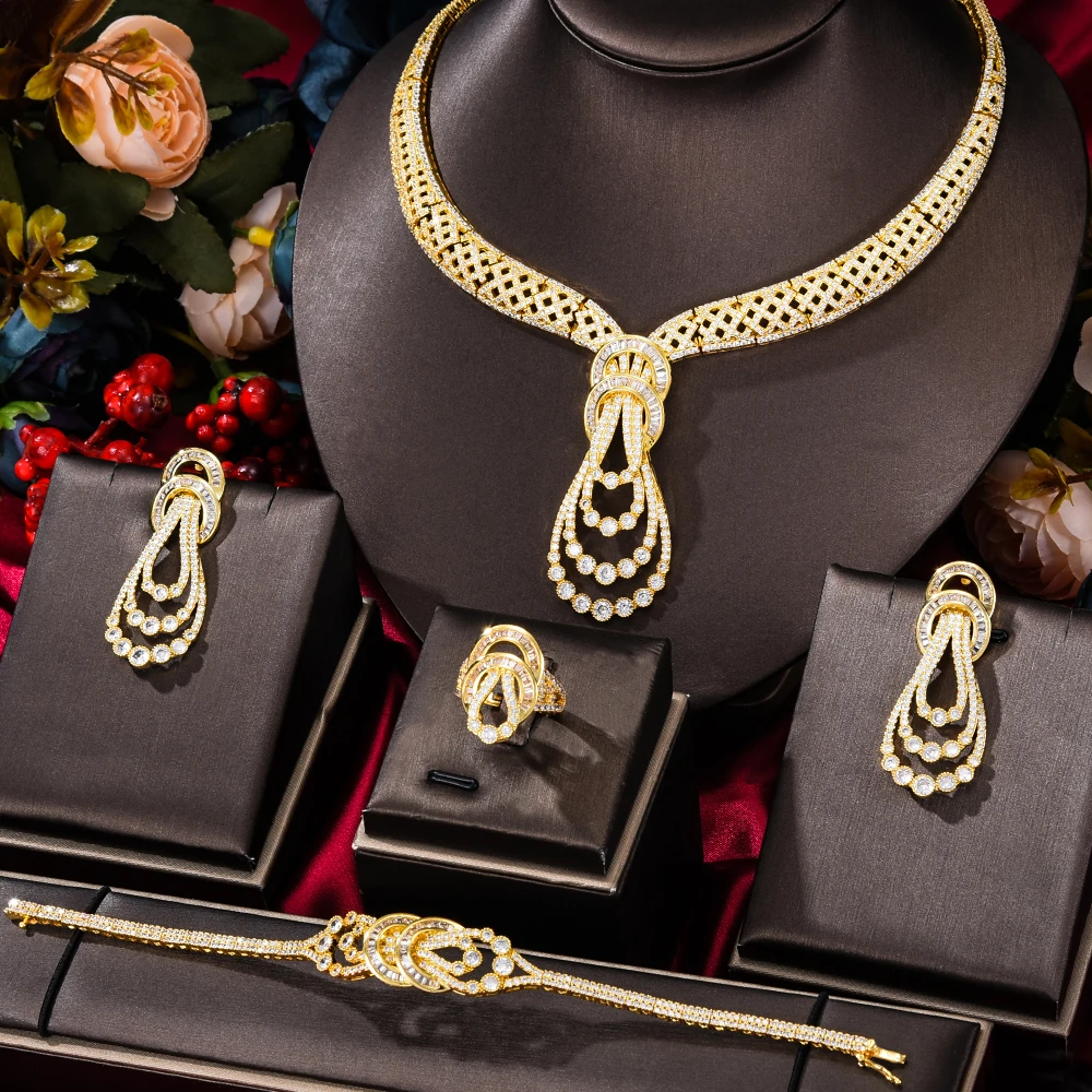 KellyBola модное высококачественное циркониевое золотое ожерелье браслет серьги кольцо набор благородный свадебный банкет изысканные аксессу...