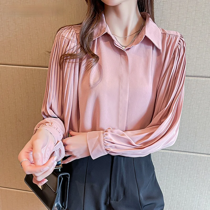 

Pleated Sleeves Chiffon Blouse OL Lantern Sleeves White Shirts Blouse Women Plus Size Single-Breasted Top Shirts 2XL