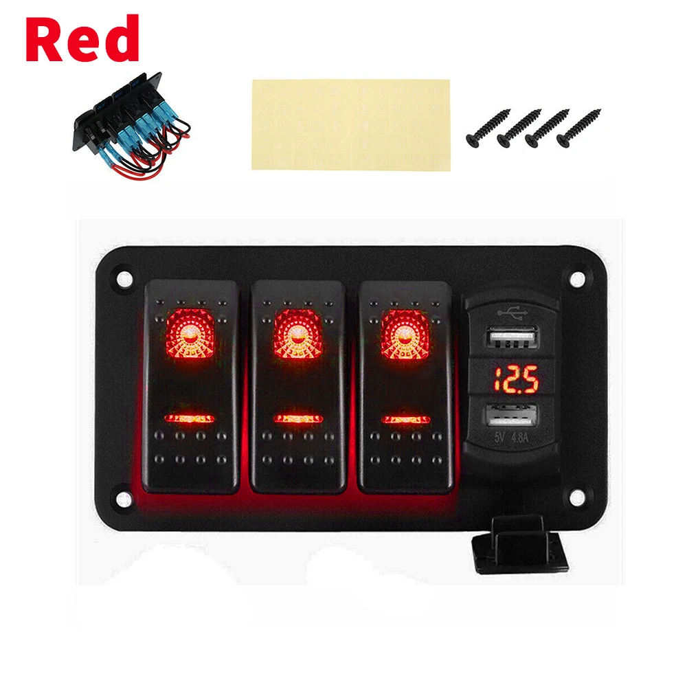 

DC 12V-24V 4 Gang Waterproof Toggle Rocker Switch Panel with 2 USB Switch Panel for Car Boat Marine RV Truck LED