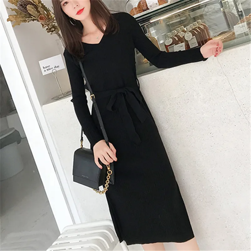 Модное корейское платье-свитер женские свитера с v-образным вырезом платья