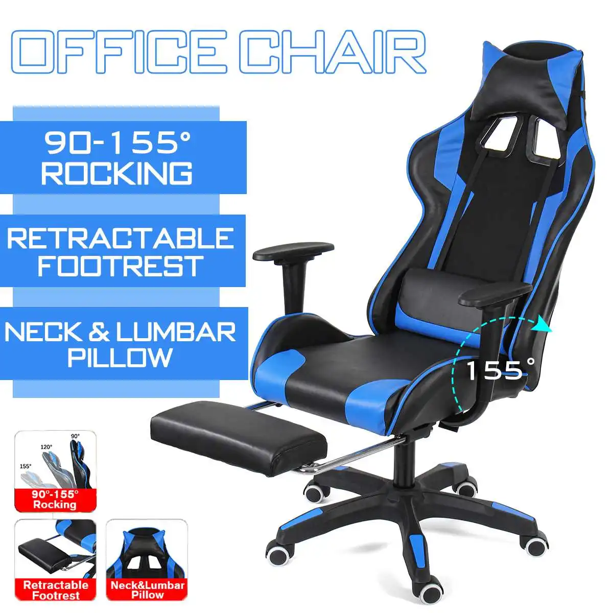 

Игровые стулья 155 ° с подставкой для ног, эргономичное офисное кресло, регулируемое поворотное кожаное компьютерное кресло с высокой спинко...