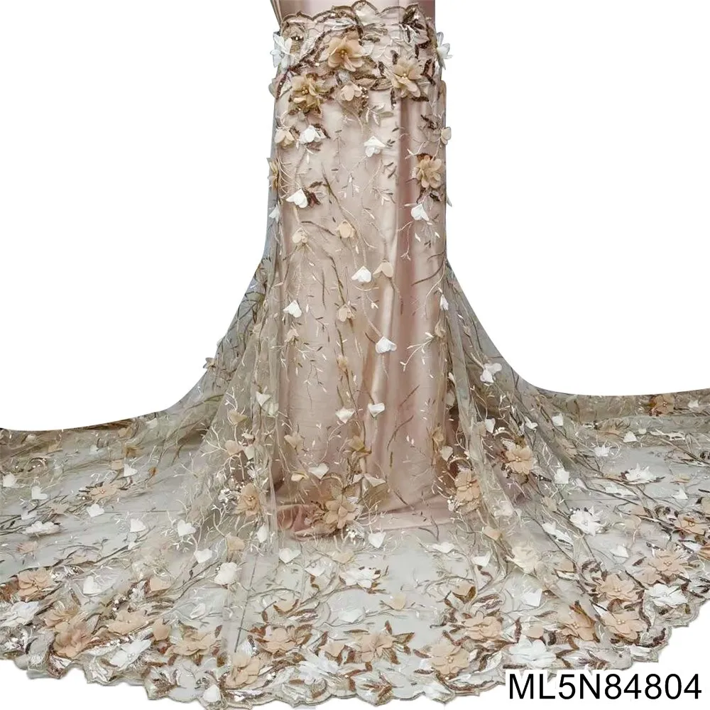 

2021 3D Flowers Mesh Lace Fabrics Luxury French African Tulle Lace Fabric High Quality 5Yards For Wedding ML5N848