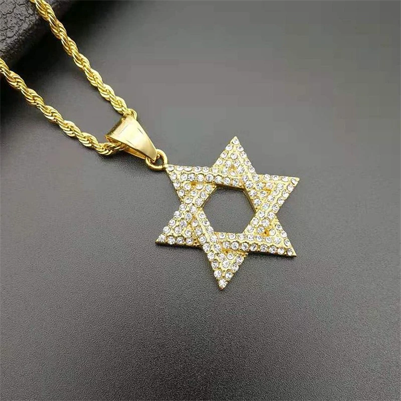 

Punk Style Gold Color Hexagram Pendant With Cubic Zirconia Fashion Stainless Steel Chain Necklaces For Women Men's Jewelry 2021