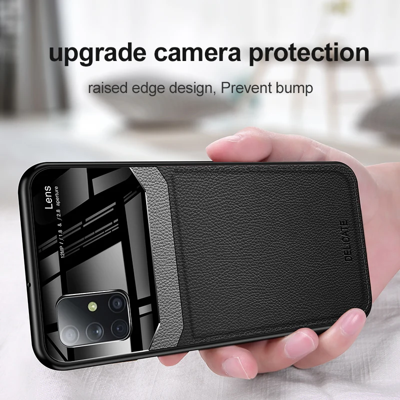 

Shockproof Case for Samsung Galaxy A51 Leather Mirror Tempered Glass Phone Back Cover For Samsung A 51 51A A515F Coque Capa