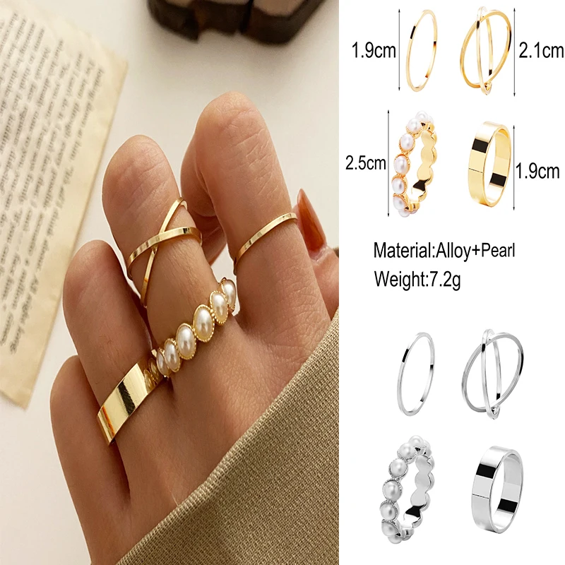 

4Pcs/Sets Gold Creative Rings for Women Simple High Quality Punk Pearl Joint Casual Ring Party Jewelry Teens Accessories Gifts