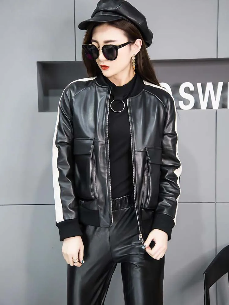 2022 Spring autumn fashion women's genuine sheepskin leather coat motorcycle jacket for lady female black and white patchwork