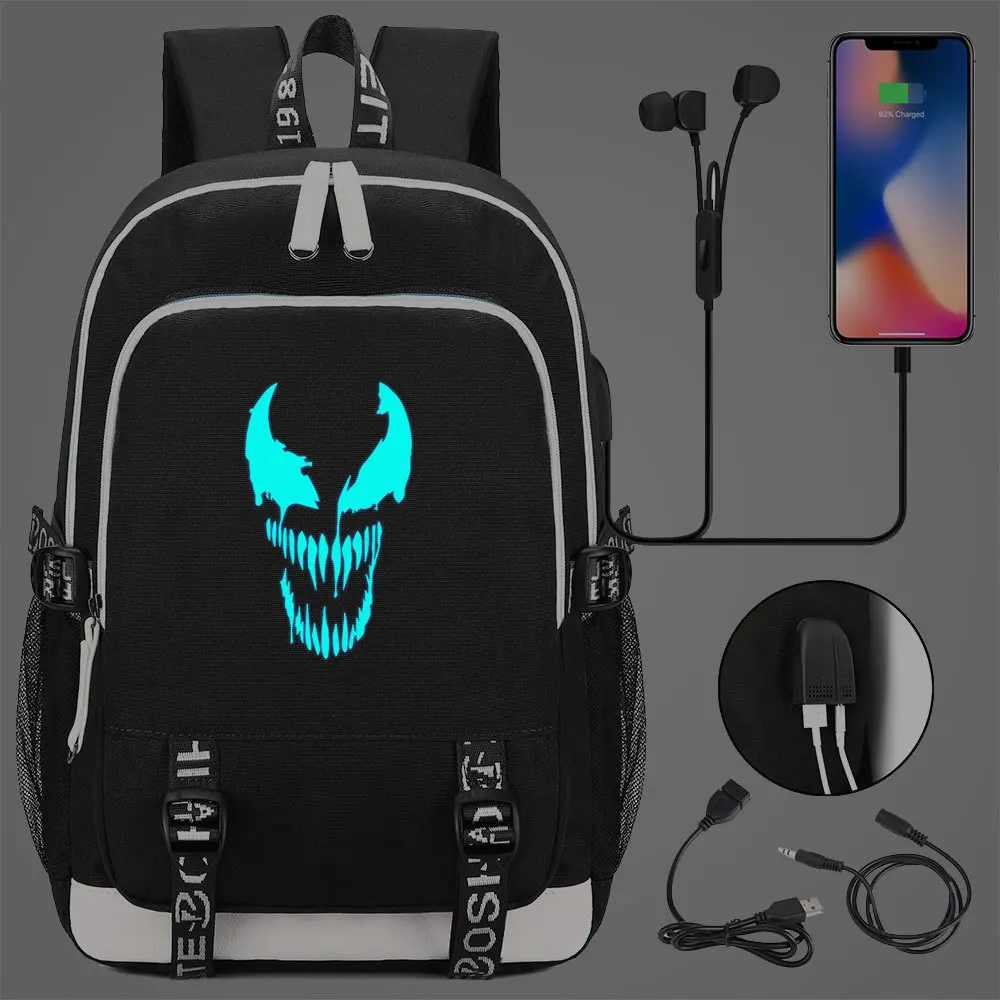 Модный рюкзак с светящимся рисунком Веном для ноутбука Usb школьная сумка девочек