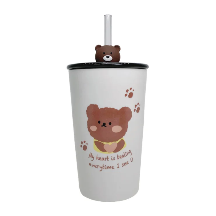 

Mori series cartoon bear printing ceramic mug with straw anti-choking girl heart office mug couple coffee mug