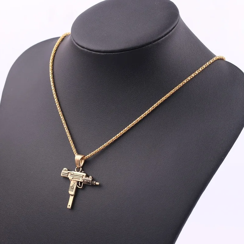 

Cool Gothic Hip Hop UZI Kolye GUN Shape Pendant Necklace Gold Black Silver Color Army Style Male Chain Men Necklaces Jewelry