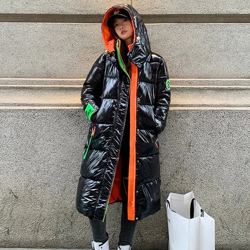 

2022 New Winter Jacket Women's Fashion Shiny Long Overcoat Feamale Down Parkas Padded Coat Hooded Loose Warm Outwear Streetwear