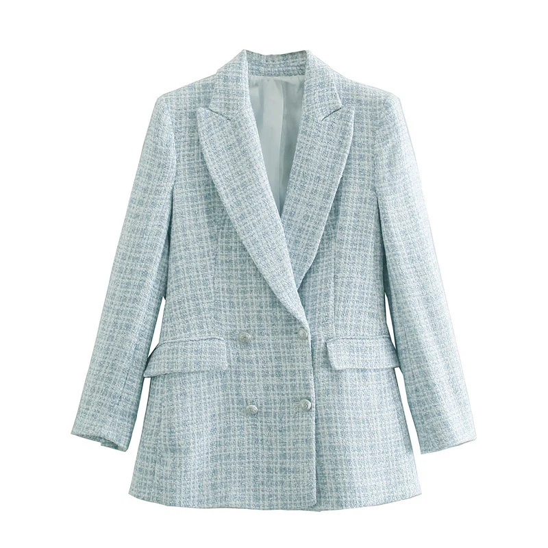 

ZXQJ Women Plaid Tweed Blazer 2021 Autumn Fashion Office Ladies Slim Double Breasted Suit Jacket Female Textured Formal Wear